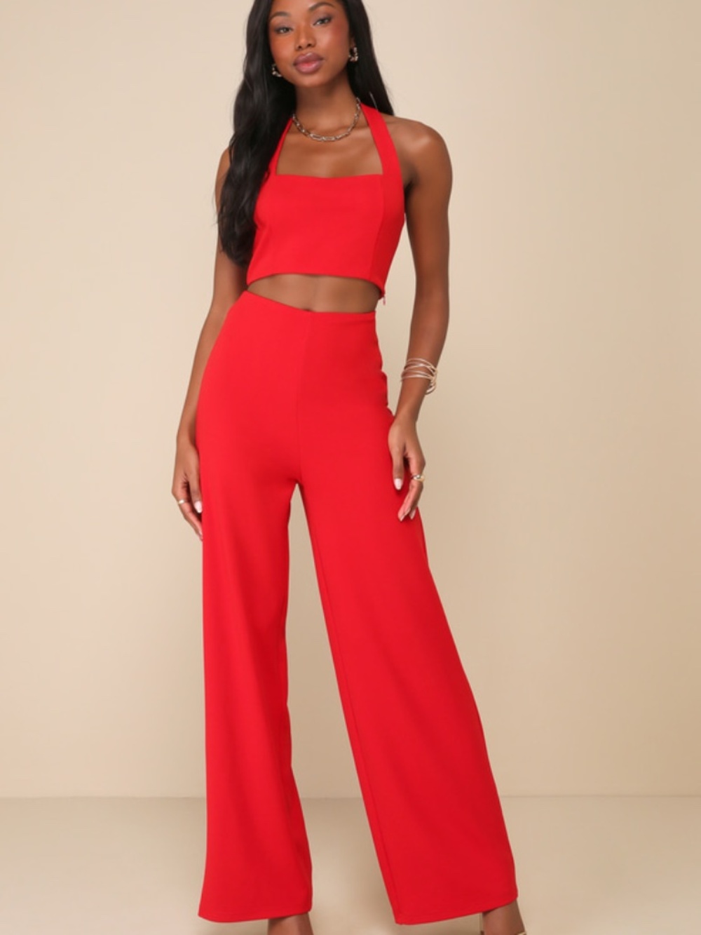 Lulus Compelling Perfection Red Halter Wide-leg Two-piece Jumpsuit - Size L